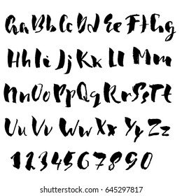 Hand drawn dry brush font. Modern brush lettering. Grunge style alphabet. Vector illustration.