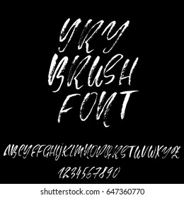 Hand drawn dry brush font. Modern brush lettering. Grunge style alphabet. Vector illustration.