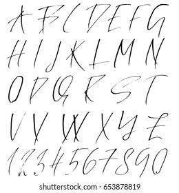 Hand drawn dry brush font. Modern brush lettering. Grunge style alphabet. Vector illustration.