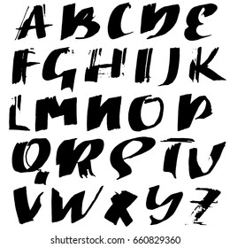 Hand drawn dry brush font. Modern brush lettering. Grunge style alphabet. Vector illustration