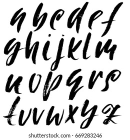 Hand drawn dry brush font. Modern brush lettering. Grunge style alphabet. Vector illustration.