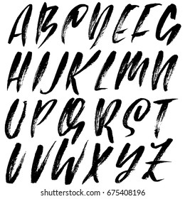 Hand drawn dry brush font. Modern brush lettering. Grunge style alphabet. Vector illustration