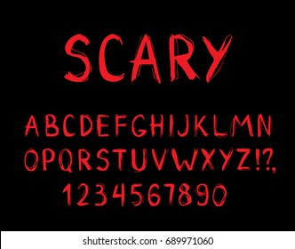 Fuente de pincel seco dibujada a mano. Espantosas letras de Halloween. Alfabeto de estilo grunge. Tipo vectorial rojo recortado aislado en el fondo oscuro.