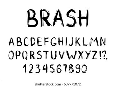 Hand drawn dry brush font. Modern brush lettering. Grunge style alphabet. Chopped black vector type isolated on the white background.