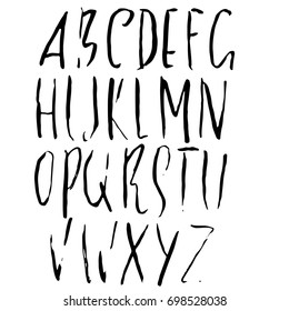 Hand drawn dry brush font. Modern brush lettering. Grunge style alphabet. Vector illustration.