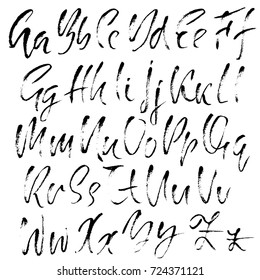 Hand drawn dry brush font. Modern brush lettering. Grunge style alphabet. Calligraphy script. Vector illustration.