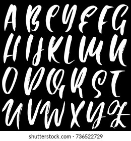 Hand drawn dry brush font. Modern brush lettering. Grunge style alphabet. Calligraphy script. Vector illustration.