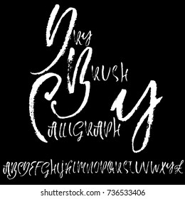 Hand drawn dry brush font. Modern brush lettering. Grunge style alphabet. Calligraphy script. Vector illustration.