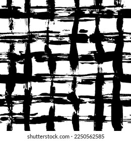 Hand Drawn Dry Brush Grid Seamless Pattern.