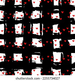 Hand Drawn Dry Brush Grid Seamless Pattern with Small Red Hearts.