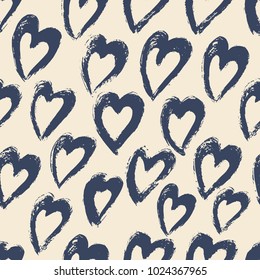 Hand drawn dry brush seamless background. Vector pattern with hearts.