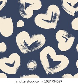 Hand drawn dry brush seamless background. Vector pattern with hearts.