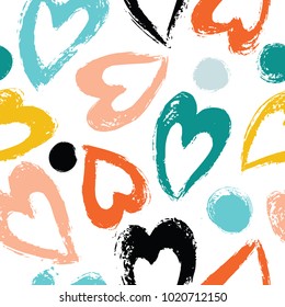 Hand drawn dry brush strokes seamless pattern. Background with hearts. Great for Baby, Valentine's Day, Mother's Day, wedding, scrapbook, surface textures.