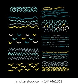 Hand drawn dry brush strokes texture.Wave sea graphic colors on black background.Hand-drawn elements:drops,lines,splashes,points.Water sea scandinavian vector illustration. 