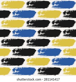 Hand drawn dry brush strokes seamless pattern. Black, blue and lime green hand painted repeat texture.