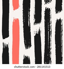 Hand drawn dry brush strokes seamless pattern. Black and coral red hand painted repeat texture.