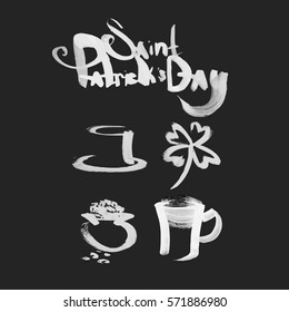 Hand drawn dry brush style phrase "Saint Patrick's day" and icons.  Vector illustration. White letters and icons on the dark gray background.