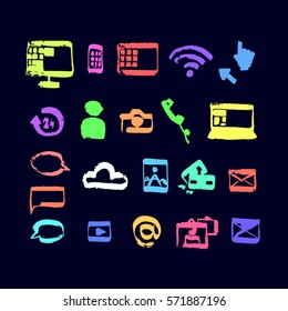 Hand drawn dry brush style social media icons set.  Vector illustration. Bright colors  icons on the dark blue background.