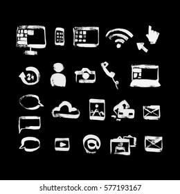 Hand drawn dry brush style social media icons set.  Vector illustration. White icons on the black background.
