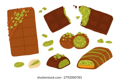 Hand drawn Dubai chocolate collection with pistachio filling, bar, broken piece, truffle, candy bar vector set