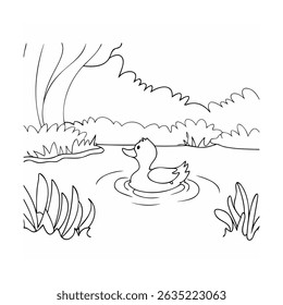 Hand drawn duck floating on water in a pond surrounded by foliage and nature