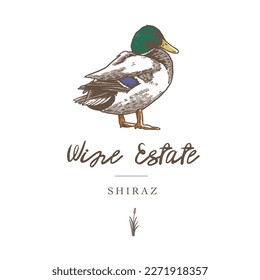 HAND DRAWN DUCK PAINTED BRUSH STROKE WINE LABEL LOGO POND ANIMAL BIRD WILDLIFE VINTAGE TSHIRT TEE PRINT FOR APPAREL MERCHANDISE