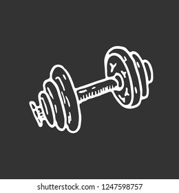 Hand drawn dumbbell doodle. Sketch sports equipment and simulators, icon. Decoration element. Isolated on black background. Vector illustration.