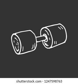 Hand drawn dumbbell doodle. Sketch sports equipment and simulators, icon. Decoration element. Isolated on black background. Vector illustration.