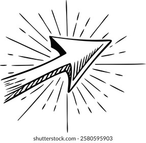 Hand Drawn Dynamic Arrow with Speed Burst Black and White Vintage Sketch Illustration Symbolizing Motion Progress and Energy