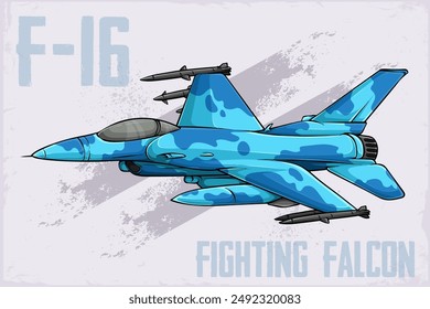 Hand drawn Dynamic F-16 Fighting Falcon with blue sky camo American supersonic fighter aircraft 