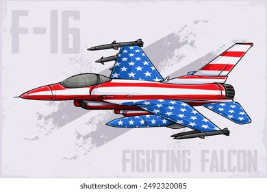 Halcón de combate dinámico F-16 dibujado a mano con la bandera de Estados Unidos avión de combate multirol supersónico