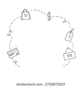 Ícones de comércio eletrônico desenhados à mão dispostos em um layout circular. Ilustração de doodle de linha mínima que representa compras on-line, pagamento, preços e conceito de loja