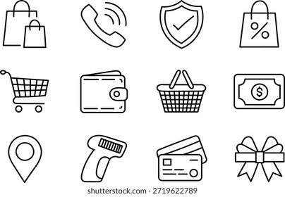 Iconos de comercio electrónico y línea de compras dibujados a mano Colección con seguridad de pago y símbolos de venta al por menor en línea
