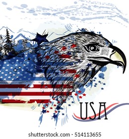 Hand drawn eagle with American flag. Symbol of USA