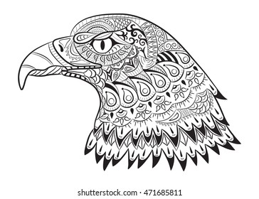 Hand drawn eagle. Doodle for coloring page for adults, t-shirt design.