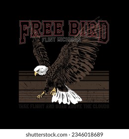 HAND DRAWN EAGLE FREE BIRD AMERICAN WILDLIFE ANIMAL PREDATOR BIRD MICHIGAN DISTRESSED GRUNGE PHOTOGRAPHIC VECTOR TSHIRT TEE PRINT FOR APPAREL MERCHANDISE