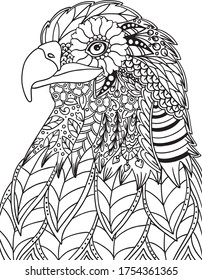 Hand drawn Eagle head doodle with flower decorative elements. Coloring page for adult and kids. Vector Illustration.