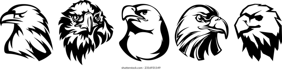 Hand drawn eagle head emblem set. Mascot bird collection. Predator logo illustration isolated on white.