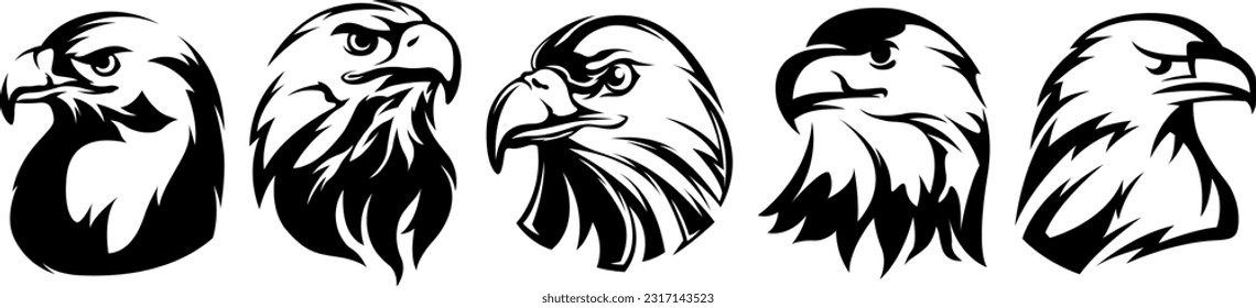 Hand drawn eagle head emblem set. Mascot bird collection. Predator logo illustration isolated on white.