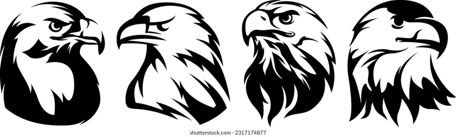 Hand drawn eagle head emblem set. Mascot bird collection. Predator logo illustration isolated on white.