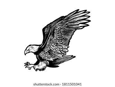 Hand drawn eagle illustration isolated on white background. Flying monochrome eagle for logo, emblem, wallpaper, poster or t shirt illustration. American symbol of freedom.