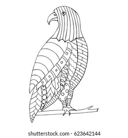 Hand drawn eagle on white background in doodle style. Eagle sitting on branch. Vector illustration. Made by trace from sketch.