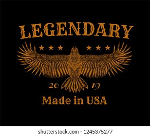Hand drawn eagle and text. Flying bird and slogan on the black background. Print t shirt and tattoo art. Grunge illustration.