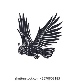 Hand drawn eagle-owl black silhouette flying isolated on white background. Monochrome nocturnal bird vector illustration.