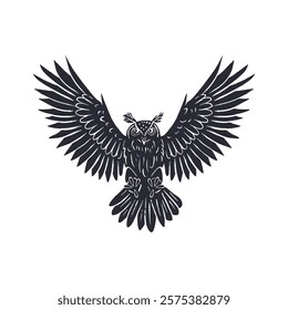 Hand drawn eagle-owl black silhouette flying isolated on white background. Monochrome nocturnal bird vector illustration.