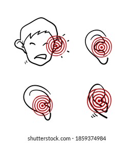 hand drawn ear pain icon, earache, inflammation illustration in doodle style vector