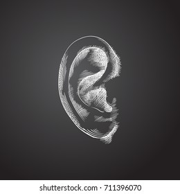 Hand Drawn Ear Sketch Symbol. Vector Listen Element In Trendy Style.