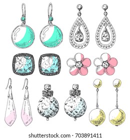 Hand drawn earrings set. Icons in a sketch style. Vector illustration.