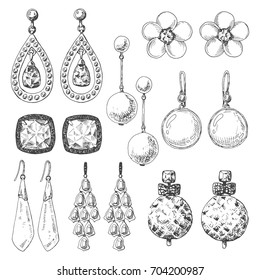 Hand drawn earrings set. Icons in a sketch style. Vector illustration.