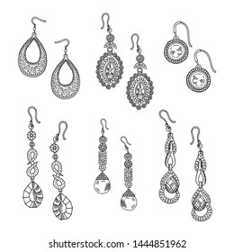 Hand drawn earrings set - vector jewelry isolated on white background. Earrings with jewelry diamond, accessory fashion drawing illustration